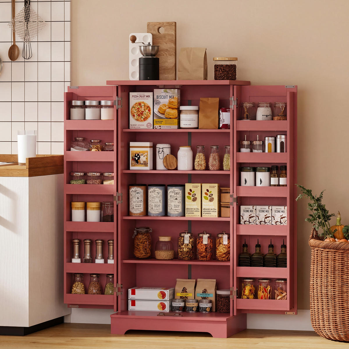 SIDEBOARD DE-11317 5 Ebenen, verstellbare Böden & Türregale Rot - Rot, Holzwerkstoff (60/120/40cm) - ComfortXL