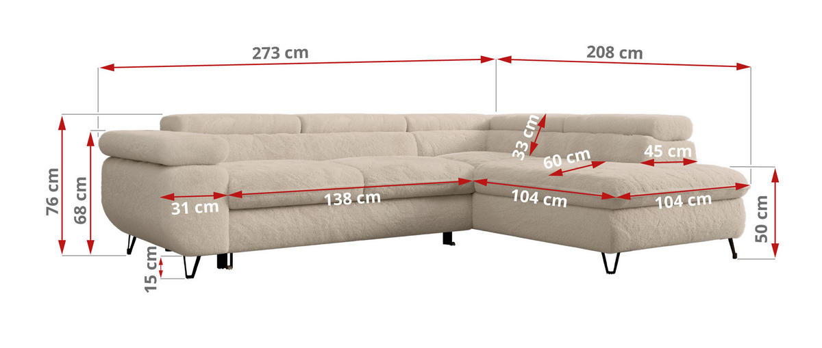ECKSOFA PETER L Dunkelgrau Plüsch - Rechts Seite - Ecru/Schwarz, Textil/Metall (273/208cm) - MKS