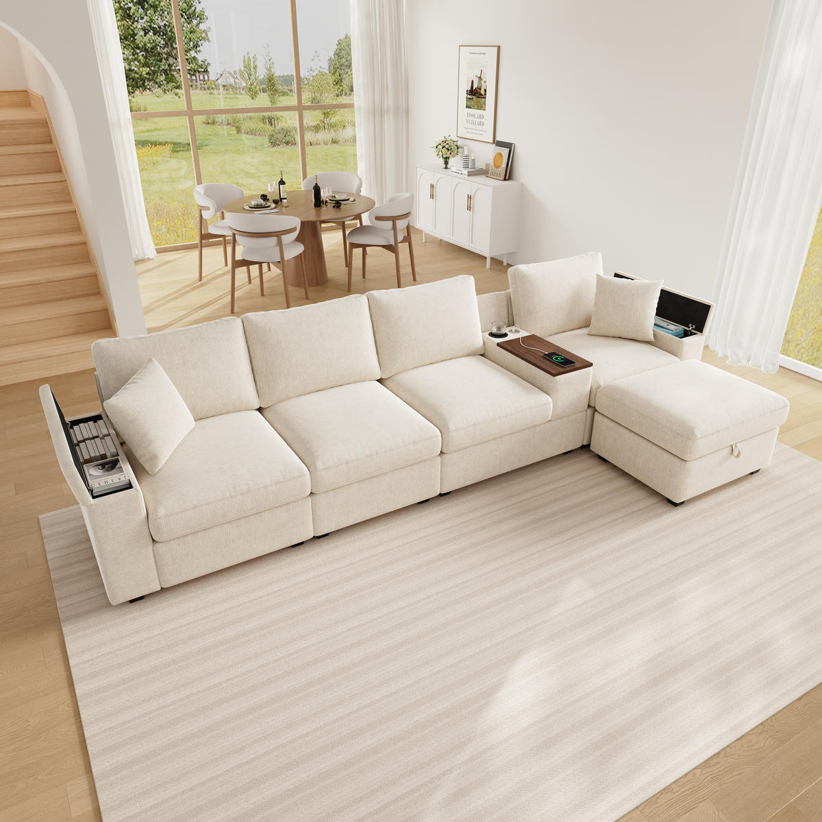 ECKSOFA mit USB/Type-C, Stauraum und drehbarem Couchtisch - Beige, Textil (313/147cm) - EVRYAE