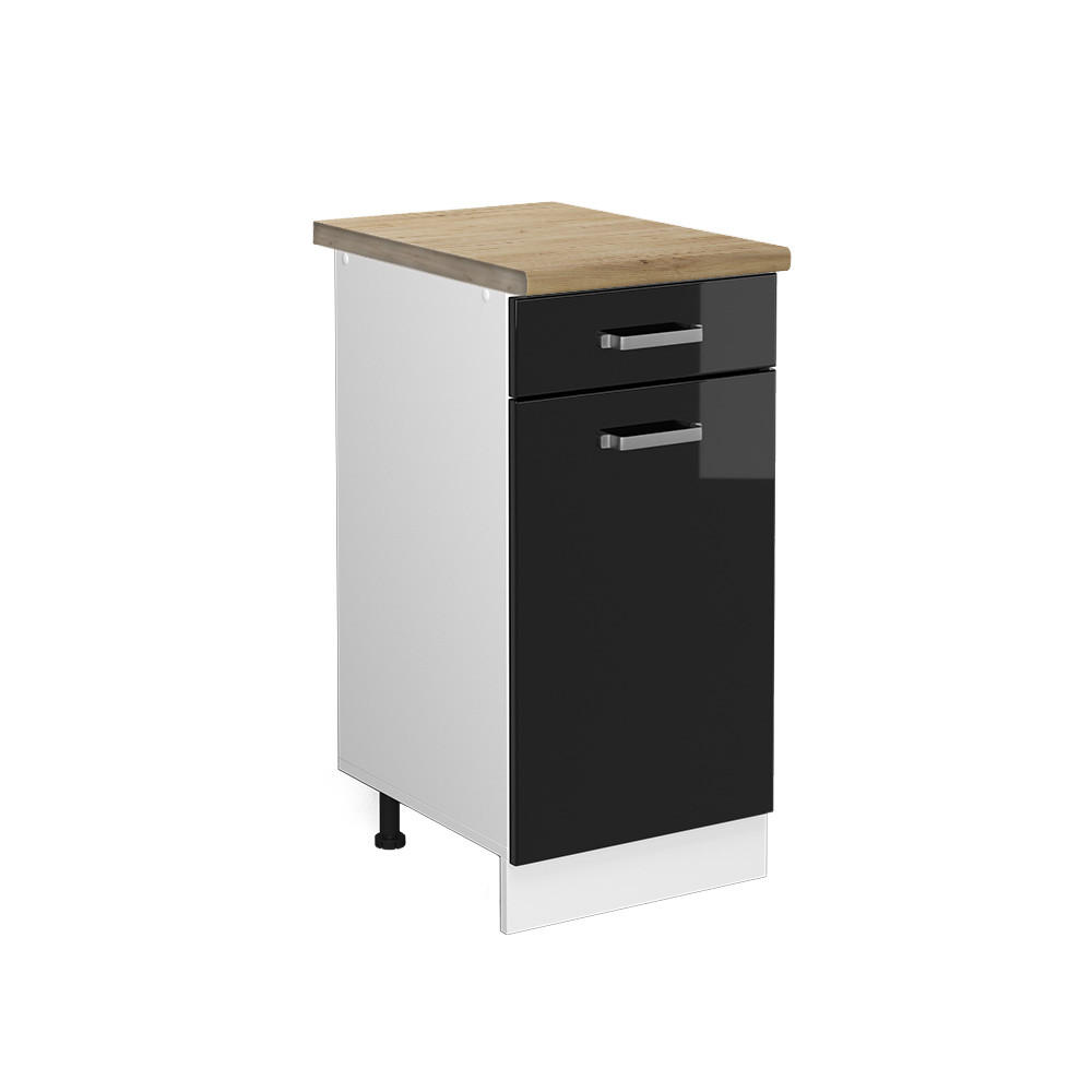KÜCHENUNTERSCHRANK R-Line Schwarz Hochglanz 40 cm, AP Eiche - Schwarz Hochglanz/Schwarz, Holzwerkstoff (40/81.6/60cm) - Vicco