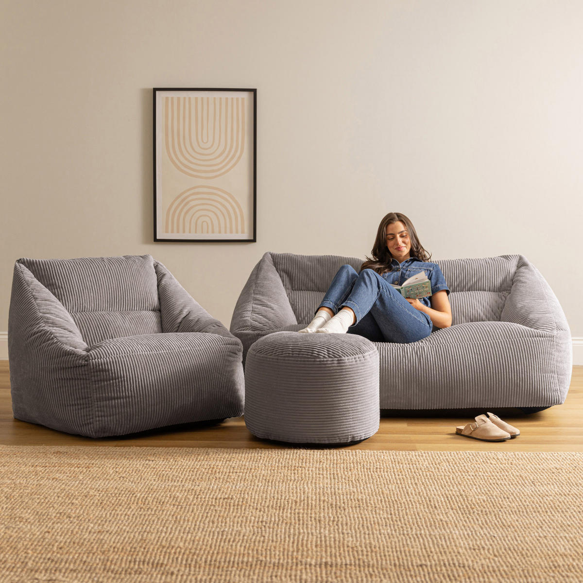 SITZSACK Sofa mit Sessel und rundem Hocker Cecilia - Grau, Textil (160/35/93cm) - icon