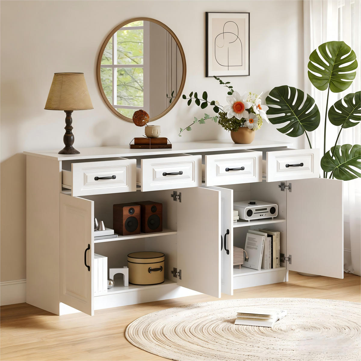 SIDEBOARD in Weiß Kommode mit verstellbarer Einlegeboden für Flur, Wohn-, Büros, B160/T35/TH80cm - Weiß/Naturfarben, Holzwerkstoff/Metall (160/80/35cm) - STILVORA