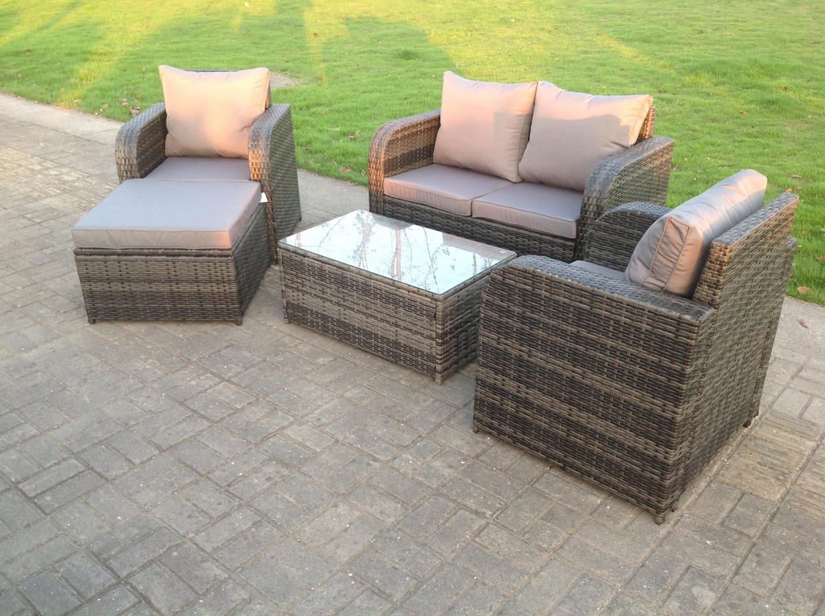 GARTENSET Polyrattan 5-Sitzer - Dunkelgrau/Grau, Glas/Kunststoff - Fimous