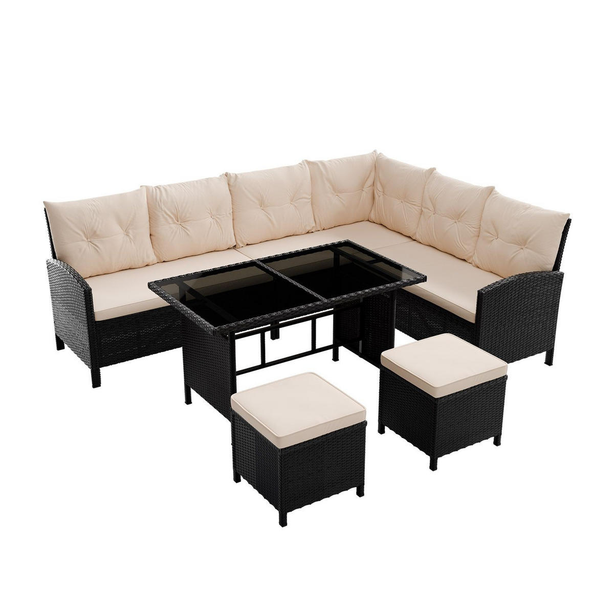 LOUNGEGARNITUR Manacor schwarz, creme inkl. Abdeckung - Creme, Kunststoff/Metall - Juskys