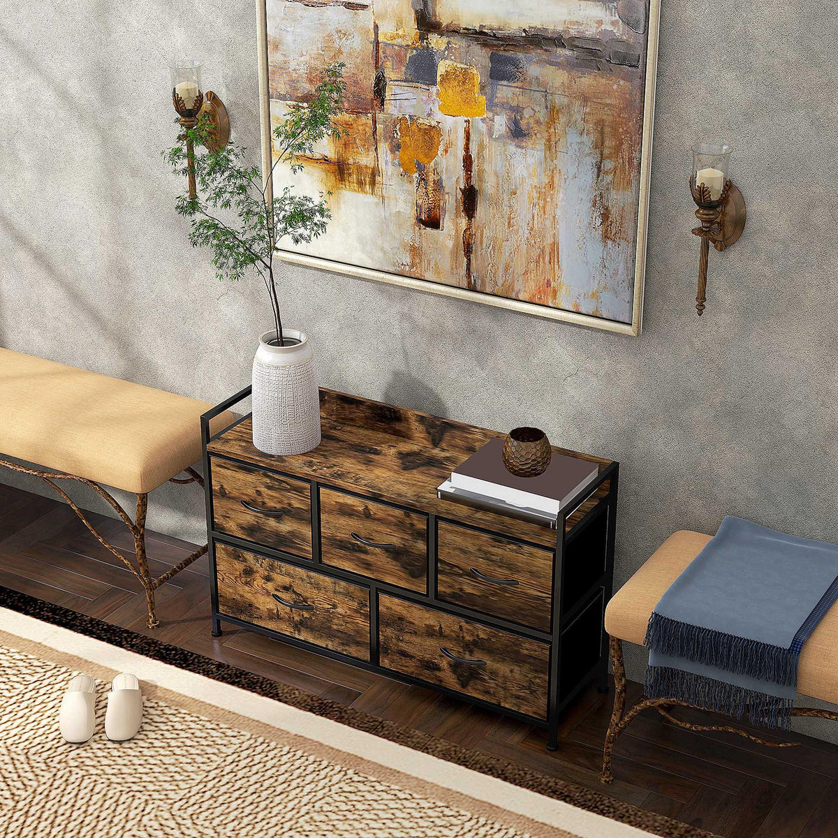 KOMMODE mit 5 Schubladen aus Stoff Kommodenschrank mit Stahlgestell Braun - Braun, Textil (29/63/98cm) - HOMCOM