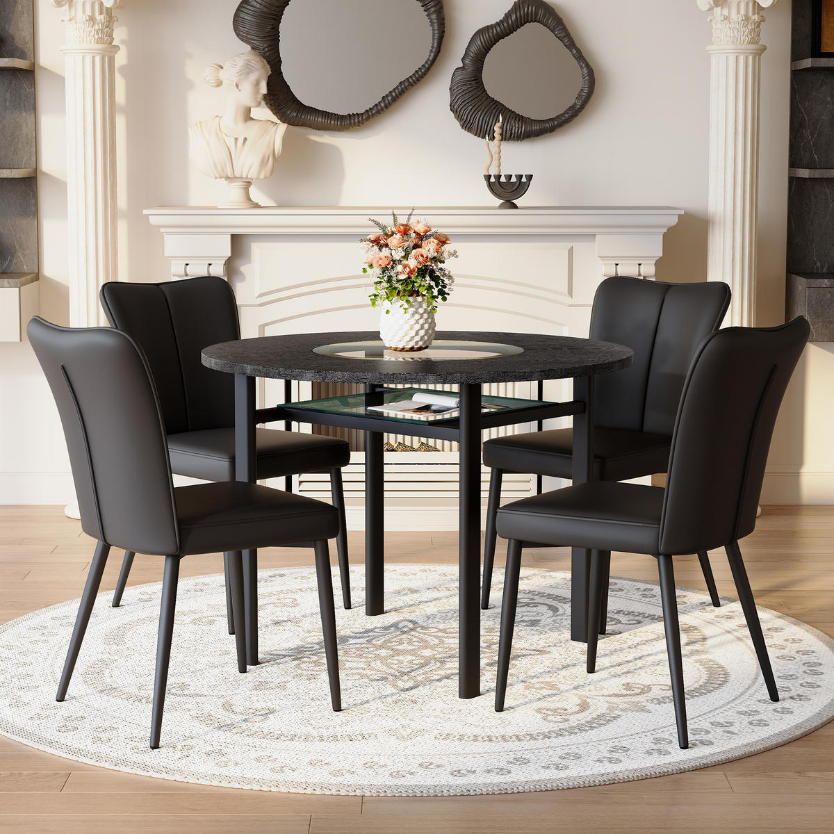 ESSGRUPPE DE-39380 5-teilig, mit 4 PU-Sesseln und Glasplatte Schwarz - Schwarz, Metall (100/76/100cm) - ComfortXL