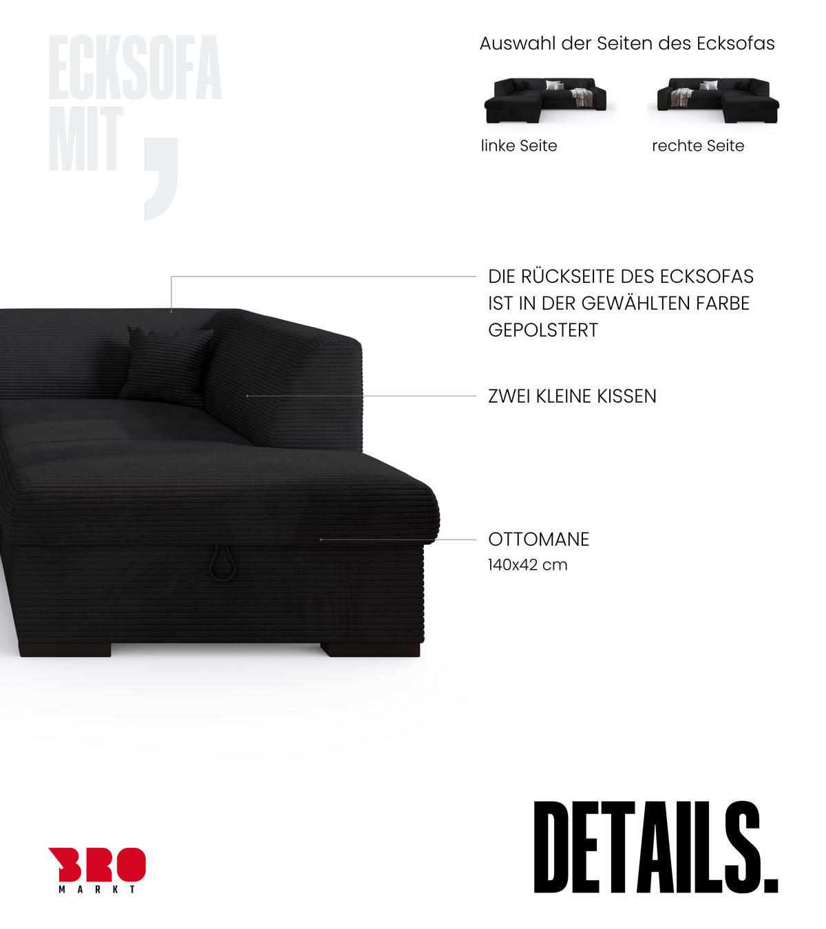ECKSOFA mit Schlaffunktion Cordstoff MILENZO Schwarz Links - Schwarz, Holz (260/175cm) - Bromarkt
