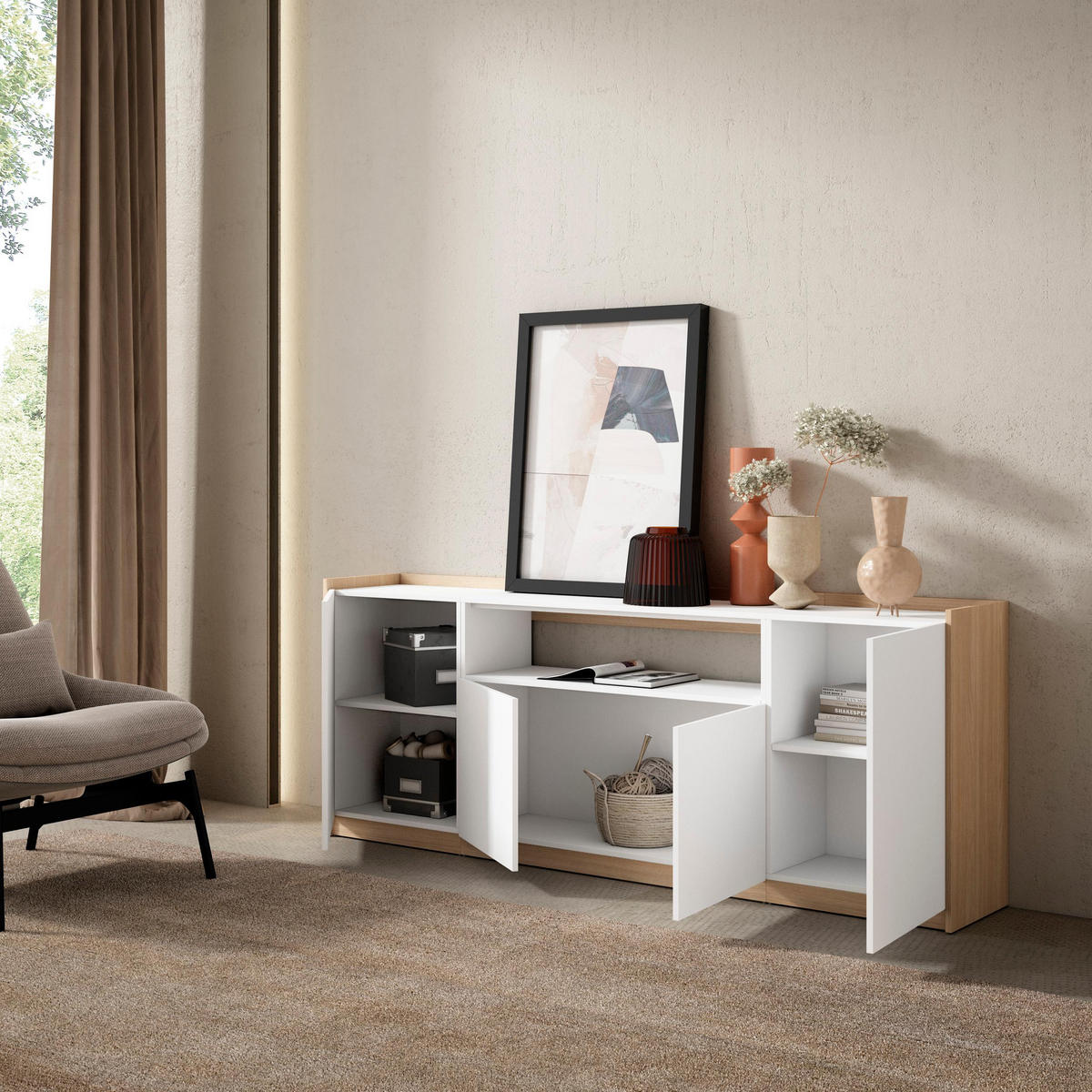 SIDEBOARD, Highboard, Weiß und Eiche Soft, 207/37/80cm - Weiß, Holzwerkstoff (207/80/37cm) - Skraut Home