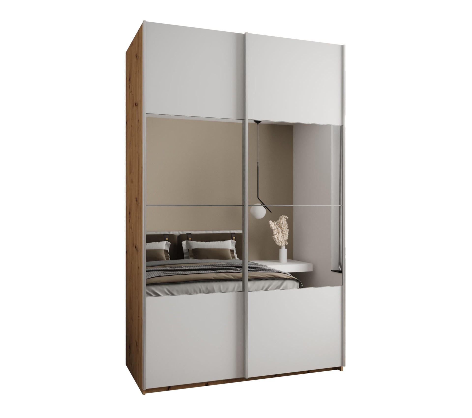 Abiks Möbel SCHWEBETÜRENSCHRANK Eiche Artisan, Weiß, Silber 160cm × 64cm × 245cm