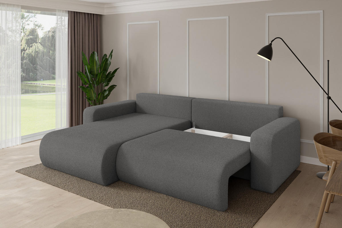 ROHOVÁ SEDAČKA s funkcí spaní, otoman vlevo BERY-L 276x193x88 šedá bouclé - šedá/černá, kompozitní dřevo/textil (276/193cm) - ALTDECOR