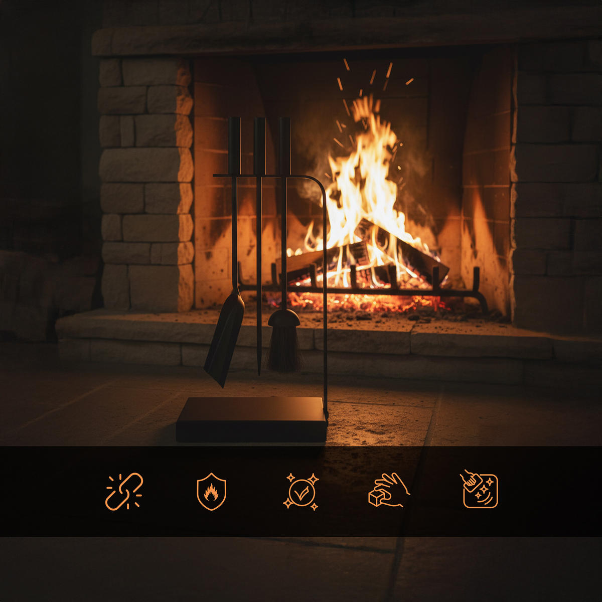 4-TLG.KAMINBESTECK-SET - Schwarz, Metall (15/40/22.5cm) - Relaxdays