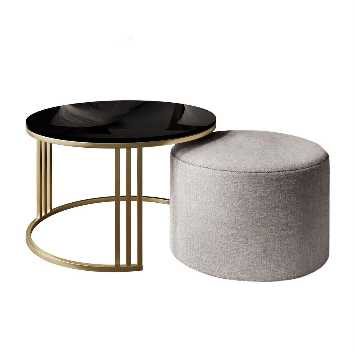 COUCHTISCH mit Hocker LORI Hochglanz gebürstetes Gold/Schwarz glänzend/Perfect Harmony 82 - Weiß, Metall (70/70/49cm) - Lookway