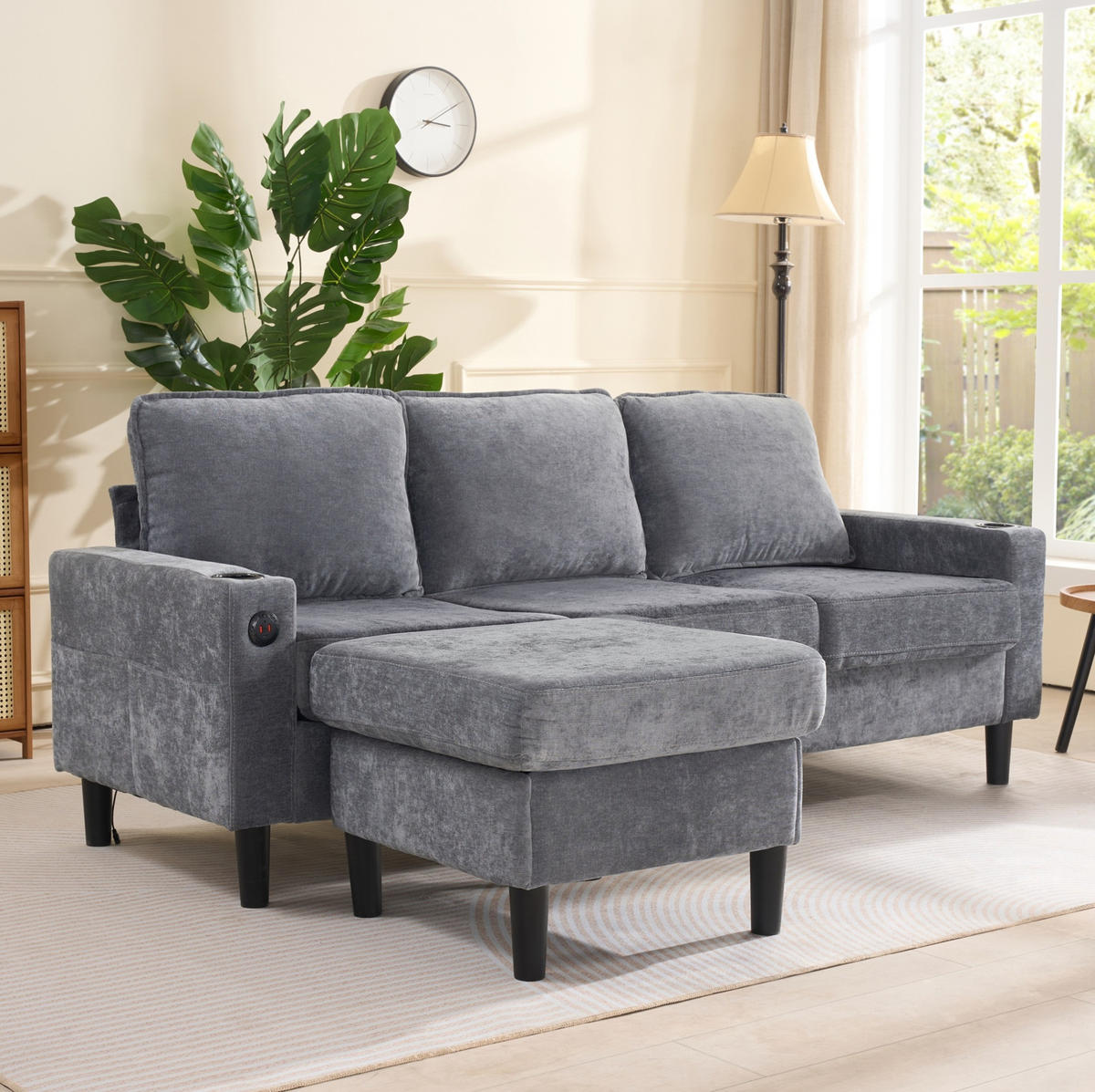 ECKSOFA 202/137/80 cm Grau aus Leinen mit USB und Typ-C - Grau, Textil (137/202cm) - OKMYHOME