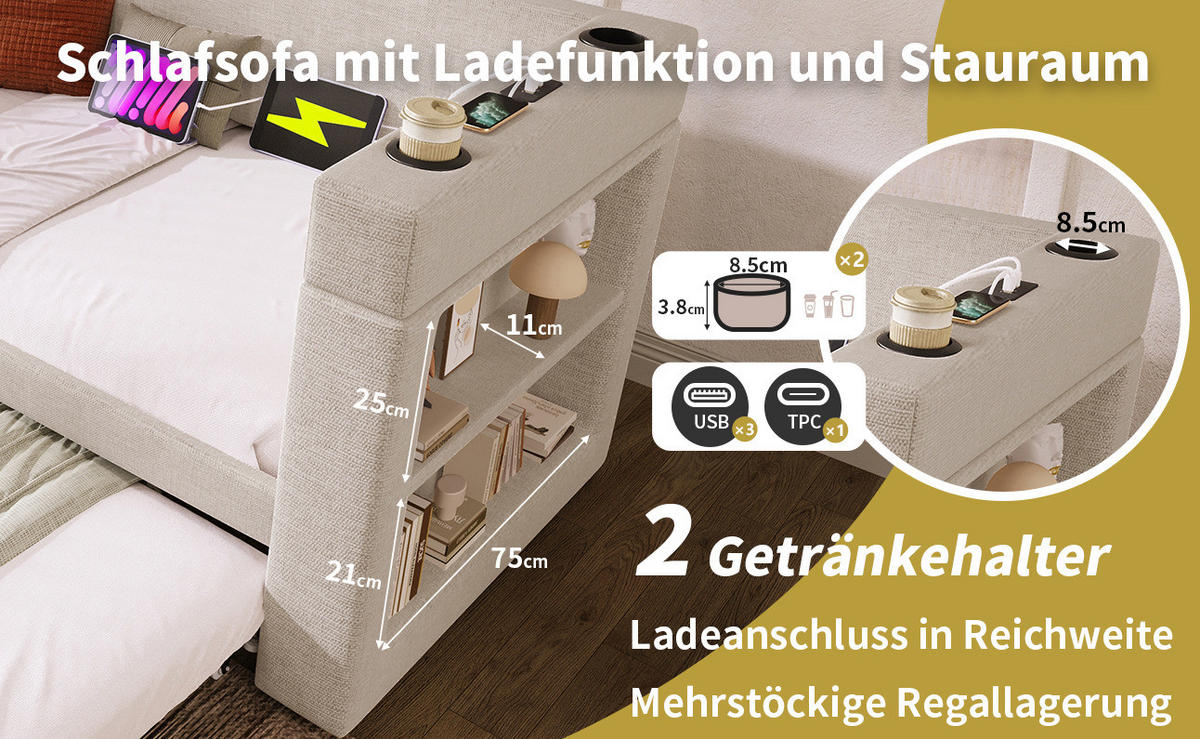 ROZKLÁDACÍ postel 90/190 cm s výsuvným lůžkem, USB a USB-C porty, držáky nápojů a bavlněno-lněným potahem, Béžová - béžová, textil (90/190cm) - Redom