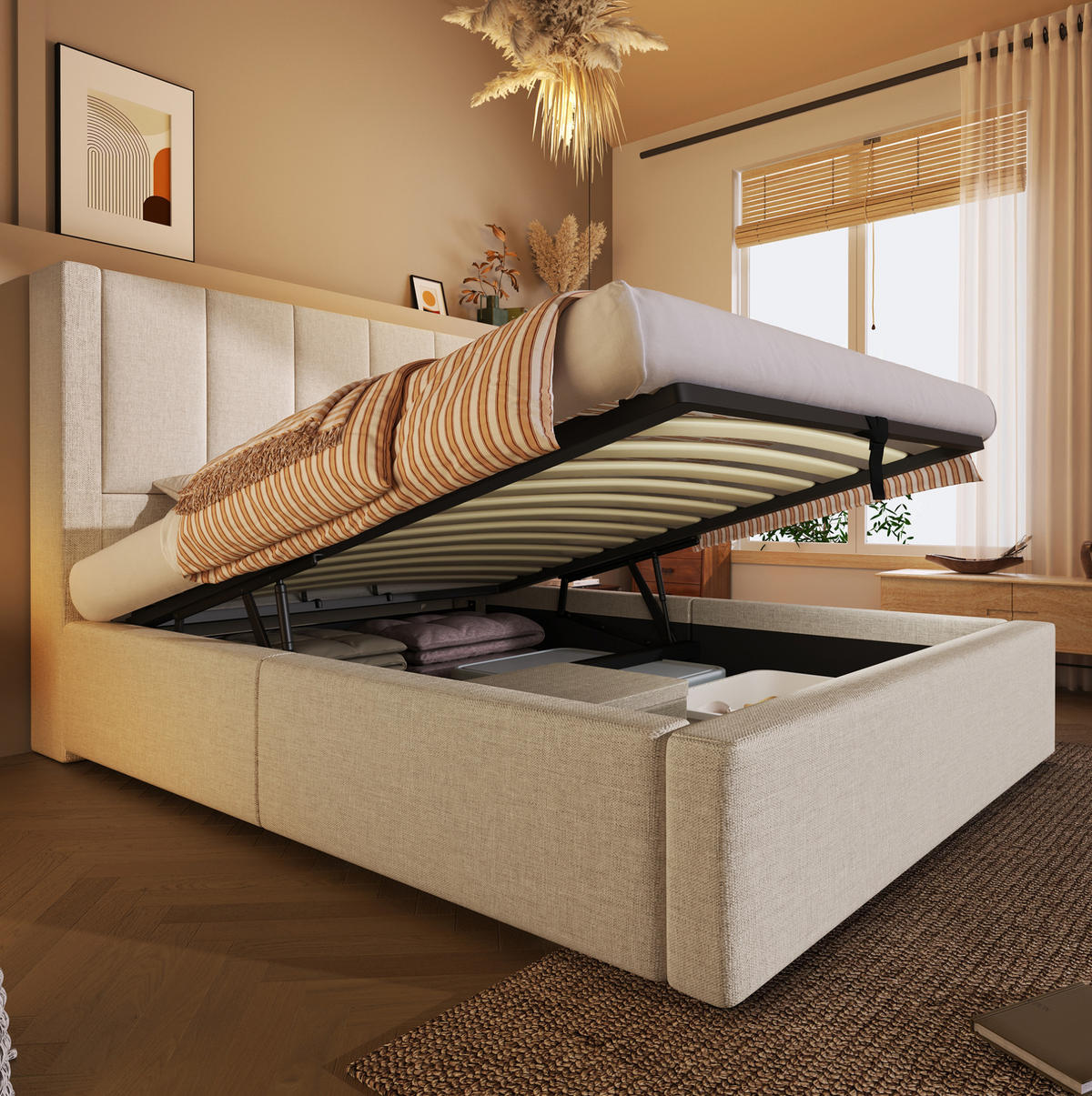 POLSTERBETT aus Leinen 90x200 cm Beige mit Bettkasten, Ladestation und Matratze - Beige, Textil (90/200cm) - IVMEU