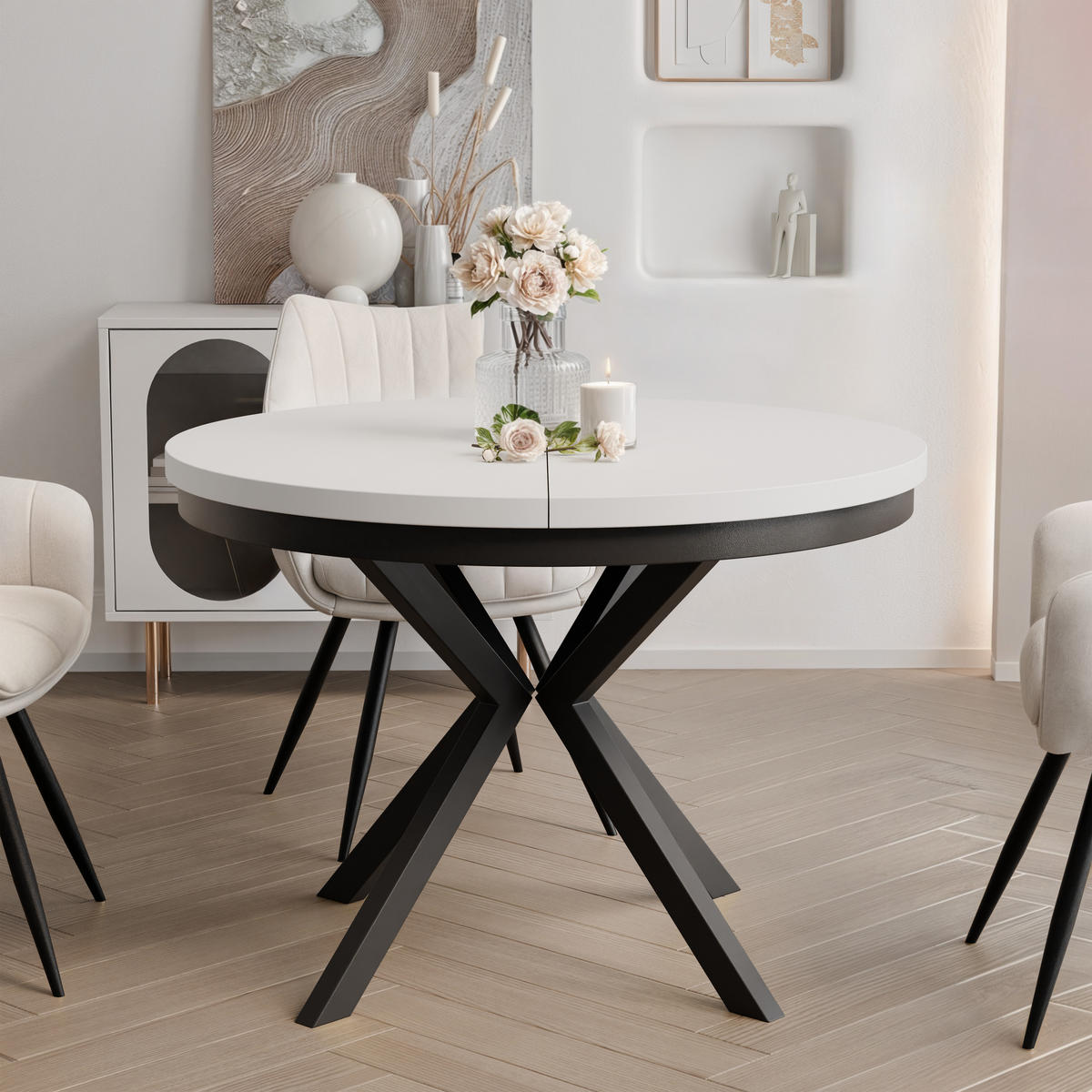 AUSZIEHTISCH MILTON 100-176/76 cm mit Metallgestell, Schwarz / Arktisweiß - Schwarz/Weiß, Holzwerkstoff/Metall (100/100/76cm) - Idohome