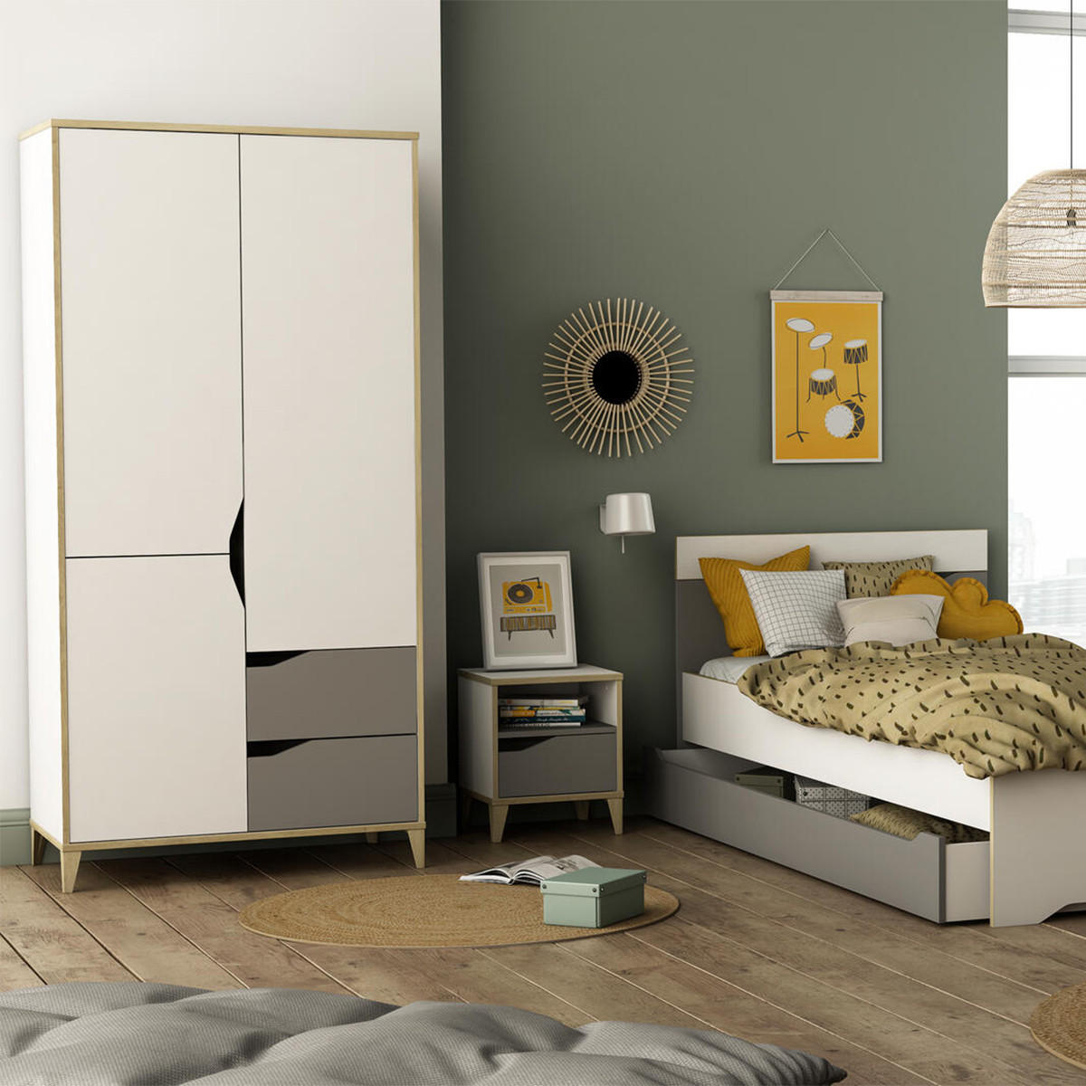 SCHRANK mit 3 Türen und 2 Schubladen L88,9 cm - Weiß und Grau - Genius - Hellgrau/Weiß, Holzwerkstoff (50.1/184.6/88.9cm) - Calicosy