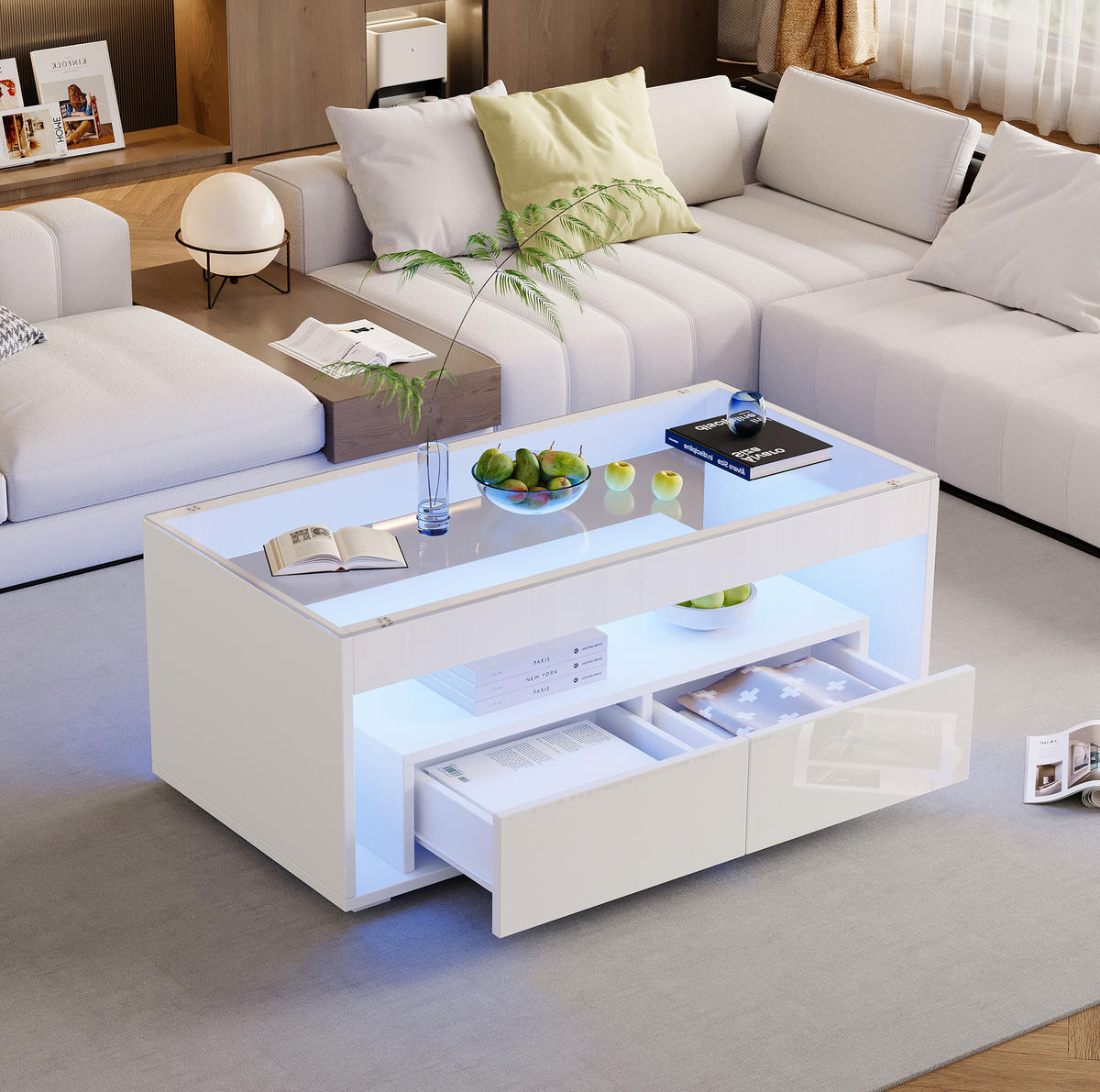 COUCHTISCH mit LED 100 x 50 x 40 cm Weiß mit 2 Schubladen - Weiß, Holzwerkstoff (100/50/40cm) - Meubliv