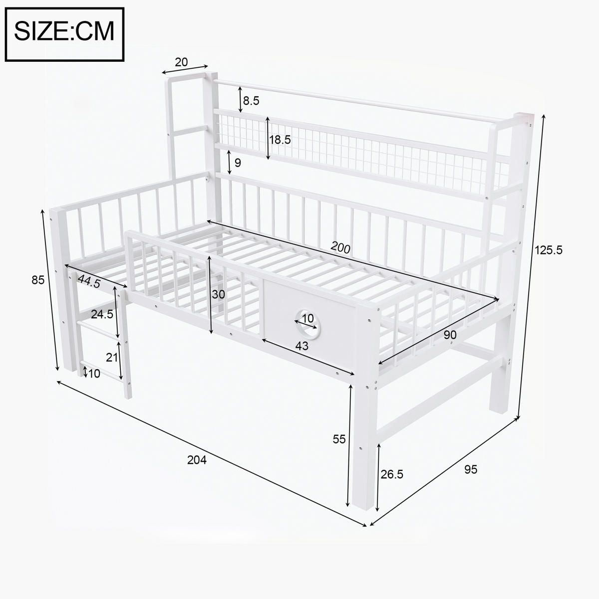 NIEDRIGES HOCHBETT 90/200 cm, Weiß mit Stauraum und Kleiderstange - Weiß, Metall (90/200cm) - MIVRAY