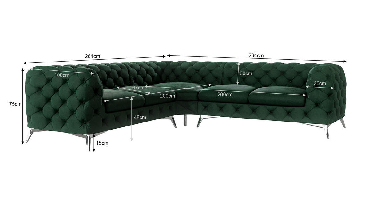 ECKSOFA Chesterfield Laura Flasche Grün Samt - Smaragdgrün/Silberfarben, Holz/Textil (264/264cm) - S-Style Möbel