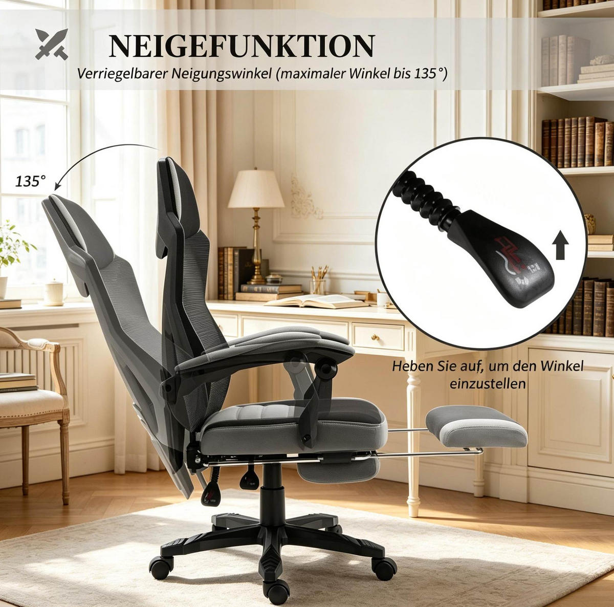 GAMING-BÜROSTUHL in Schwarz-Grau 63x58x122 cm mit verstellbarer Sitzhöhe und klappbarer Fußstütze - Schwarz, Kunststoff (58/122/63cm) - IVMEU