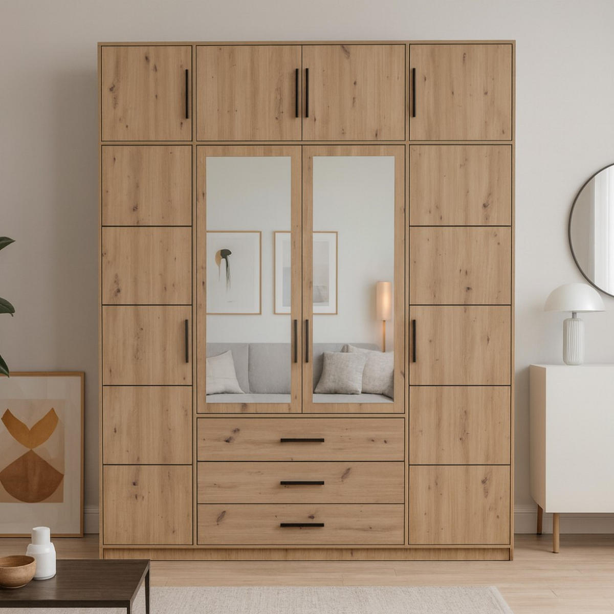 DREHTÜRENSCHRANK Kavo mit Aufsatz, Spiegel und 4 Türen, eiche Sonoma - Schwarz/Sonoma Eiche, Holzwerkstoff (200/245/58cm) - Beautysofa