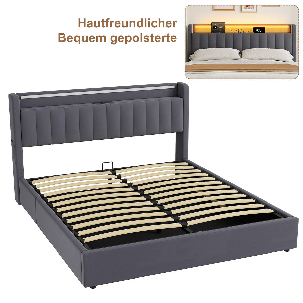 POLSTERBETT 180/200 cm in Grau, mit Bettkasten, Stauraum, USB und LED Beleuchtung, ohne Matratze - Grau, Holzwerkstoff/Textil (180/200cm) - WISHDOR