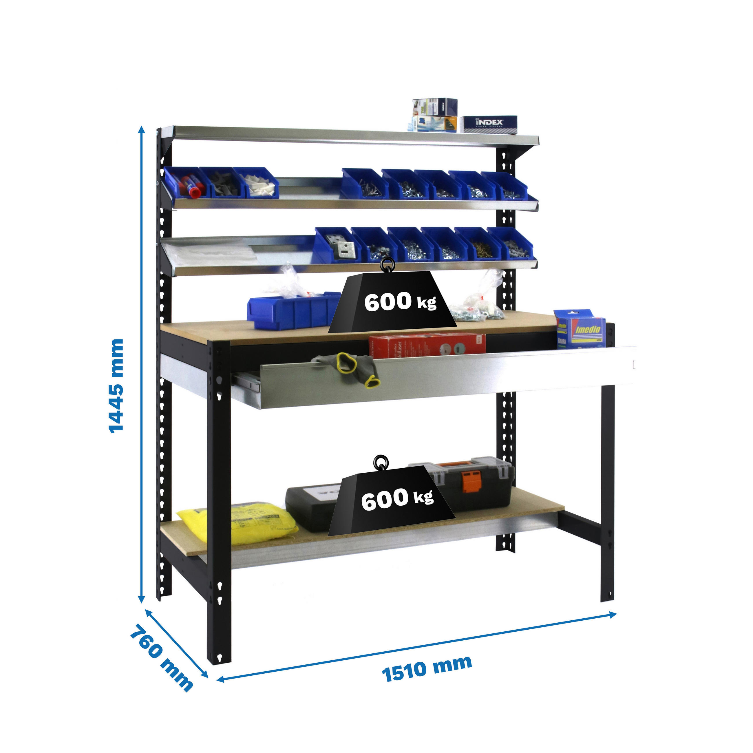 WERKBANK BUFFALO mit Frontablage und Schubfach | HxBxT 84x150x76cm | Traglast 600kg | Anthrazit - Silberfarben, Metall (150/84/76cm) - PROREGAL