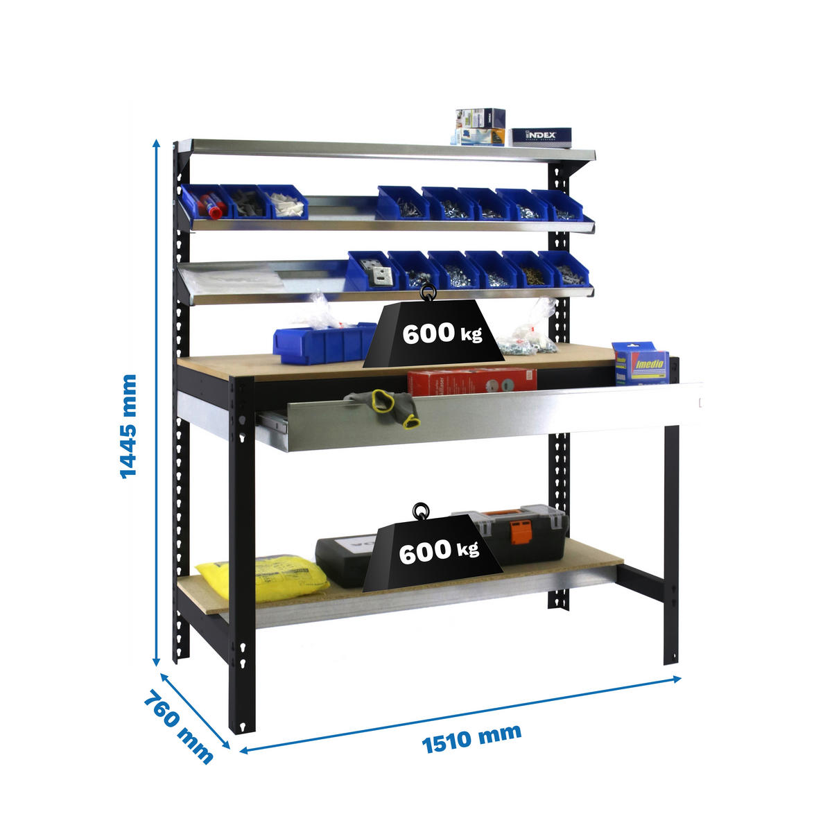 WERKBANK BUFFALO mit Frontablage und Schubfach | HxBxT 84x150x76cm | Traglast 600kg | Anthrazit - Silberfarben, Metall (150/84/76cm) - PROREGAL