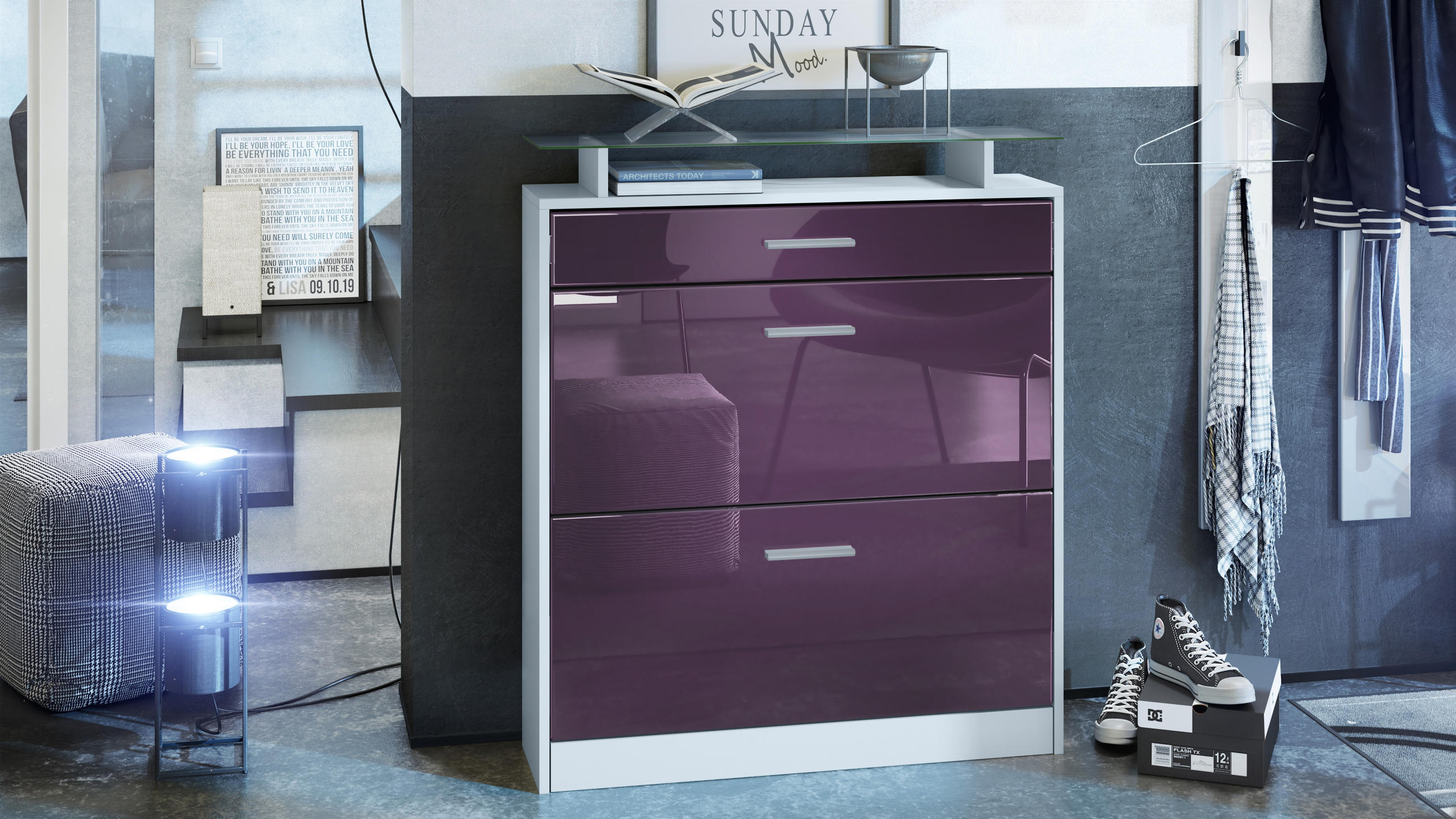 SCHUHSCHRANK Loret Front in Brombeer Hochglanz - Brombeere, Holzwerkstoff (89/104/23cm) - Vladon