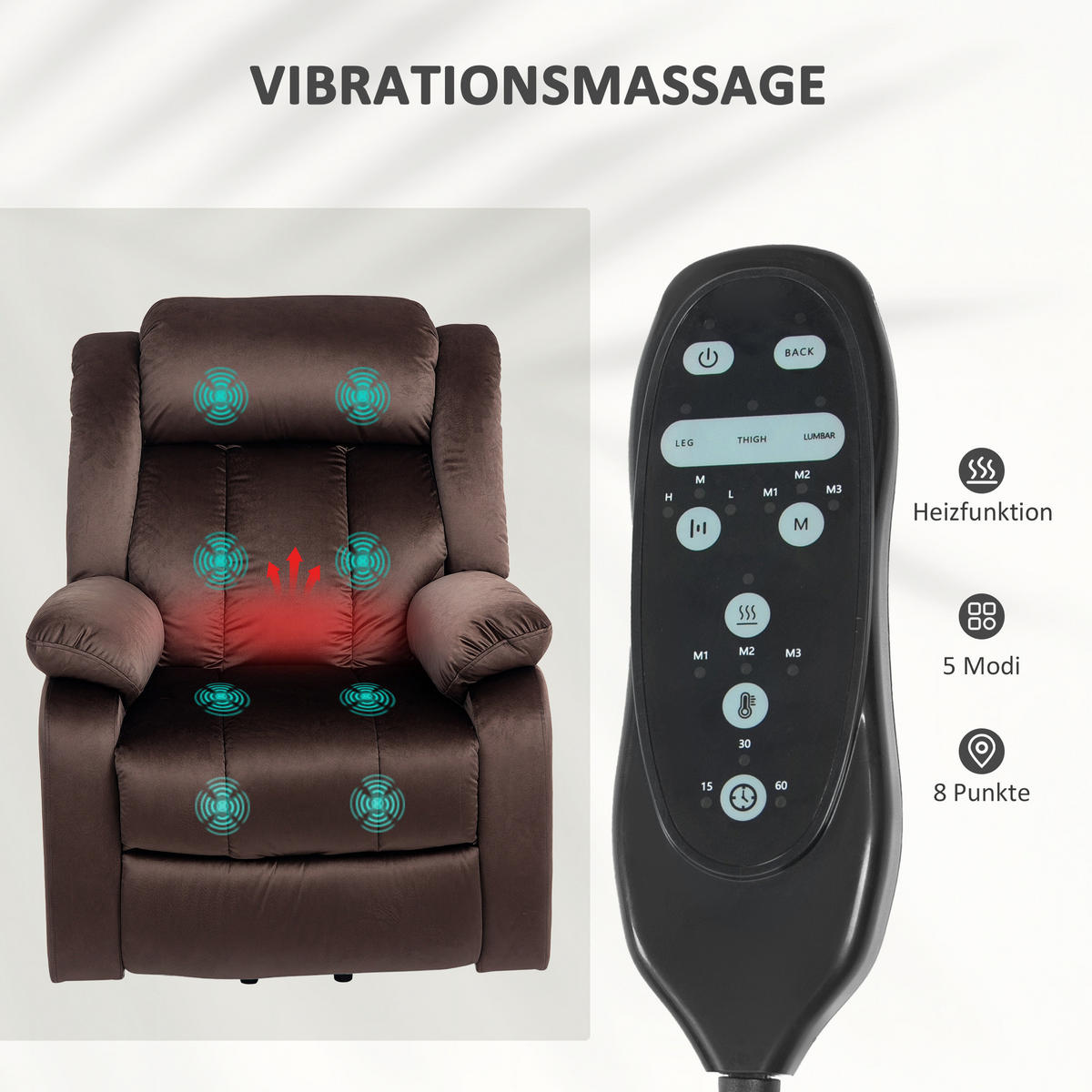 FERNSEHSESSEL mit Aufstehhilfe Relaxsessel mit Liegefunktion, Vibrationsmassage - Schwarz/Braun, Textil/Metall (88/106/95cm) - HOMCOM