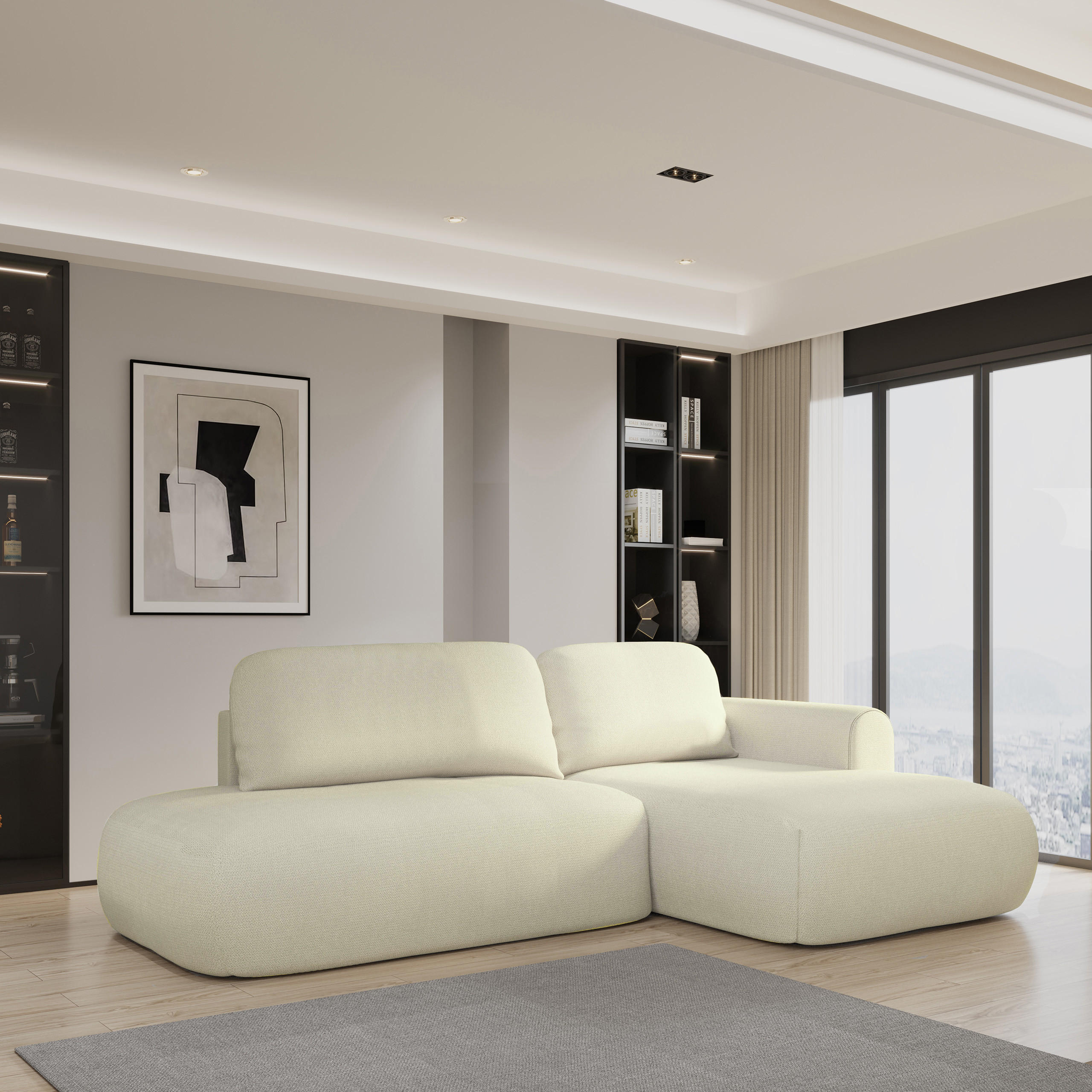 ECKSOFA NUVIRA R-S Creme Geflochtener Stoff mit Schlaffunktion - Creme, Holz (274/165cm) - MASSENO