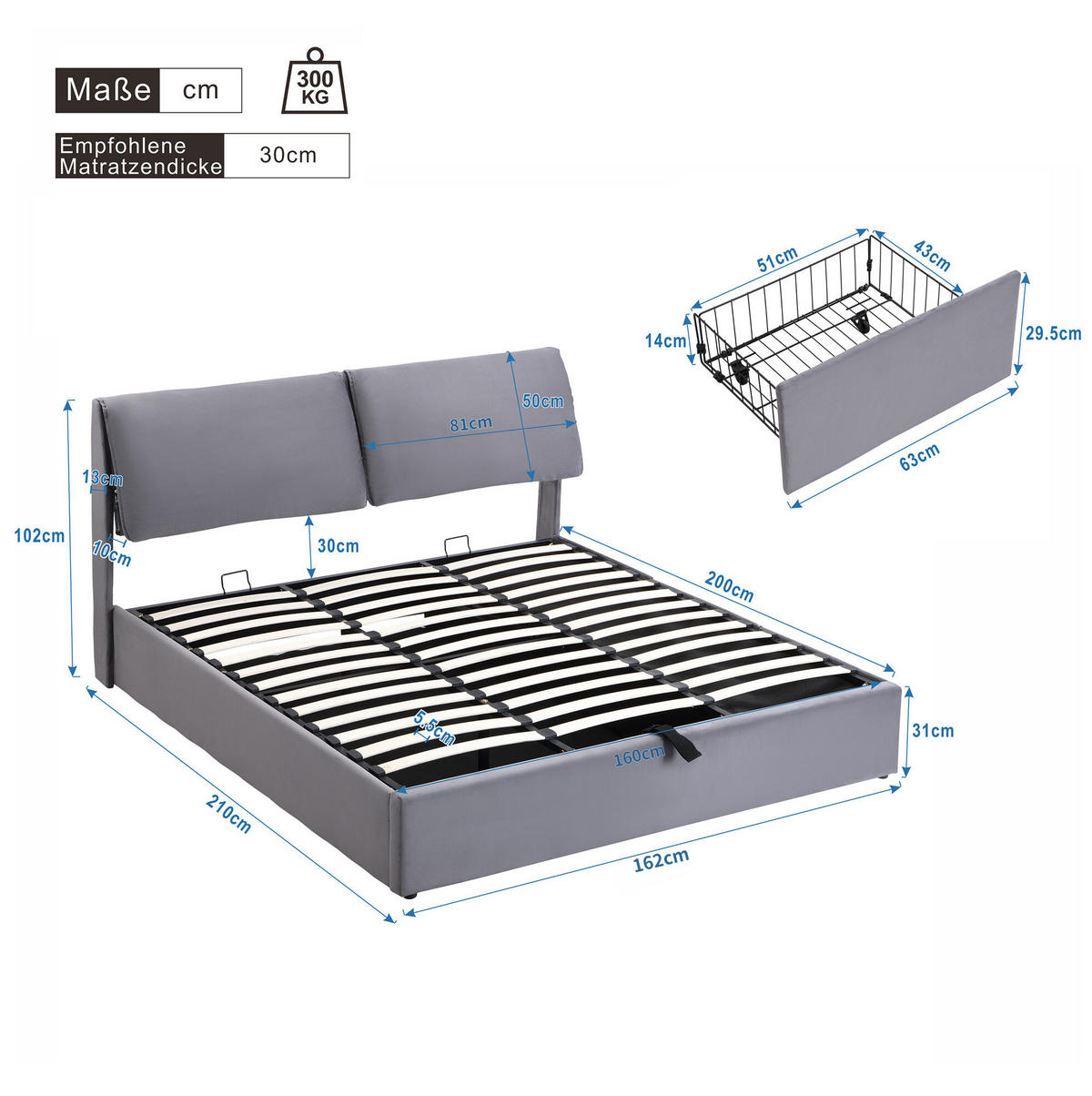 POLSTERBETT aus Samt 160x200 cm in Grau mit Bettkasten & 3 Schubladen - Grau, Textil (160/200cm) - Modfu