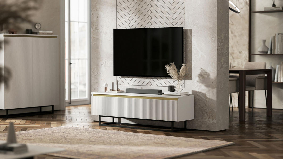 TV-SCHRANK Selene Weiß Matt mit Metallrahmen 140 cm - Schwarz/Weiß, Holzwerkstoff/Metall (140/44/35cm) - Meble Lindner