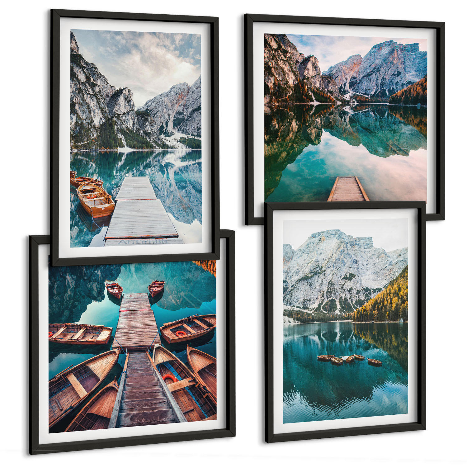 BILDER SET 4er Set - 50x50 cm & 40x60 cm Schwarzer Rahmen - See, Brücken, Berge - Schwarz, Kunststoff (50/50cm) - TULUP