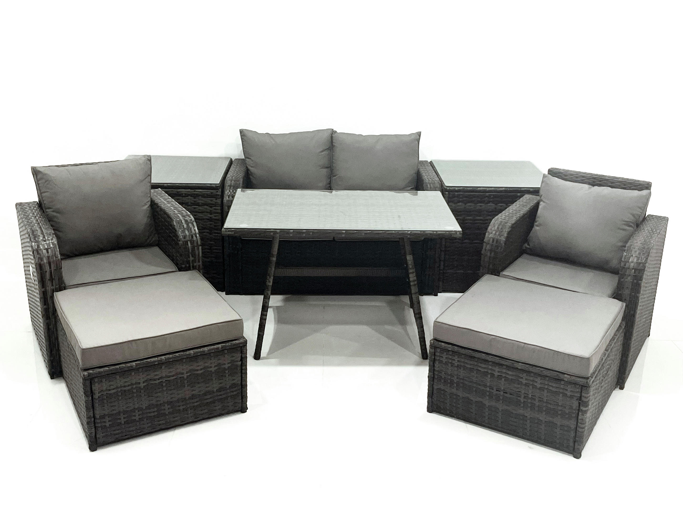 GARTENMÖBEL SET mit COUCHTISCH Polyrattan Dunkelgrau 6-Sitzer - Dunkelgrau/Grau, Glas/Kunststoff - Fimous