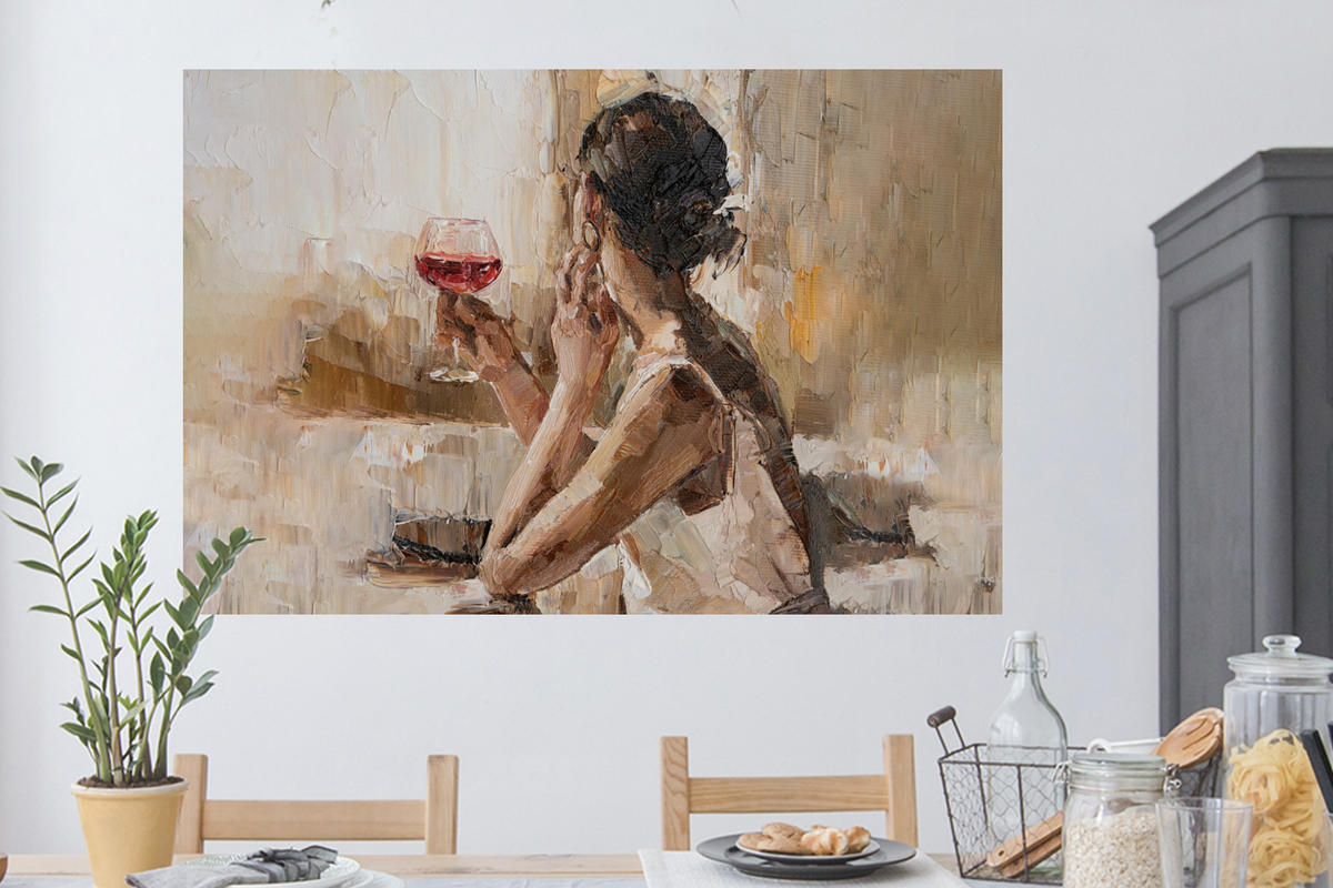 WANDTATTOO Ölgemälde - Frau - Wein 120x80 cm - Hellbraun, Kunststoff (120/80/0.1cm) - MuchoWow