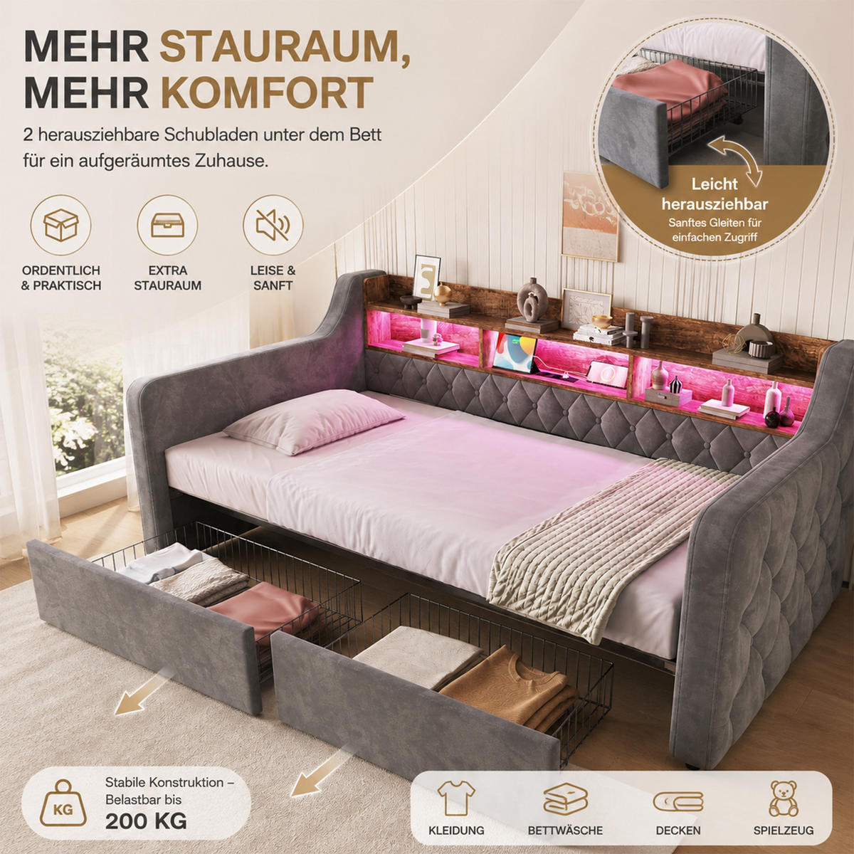TAGESBETT 90/190 mit Schubladen & Regal, USB-C Ladeanschlüsse/LED, Samt, Dunkelgrau - Dunkelgrau, Holz (90/190cm) - LVHOM