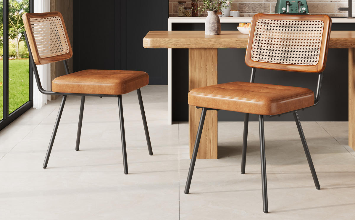 ESSZIMMERSTÜHLE 2er-Set PU-Leder & Rattan Braun - Braun, Leder/Holzwerkstoff (61/79/46cm) - Urban Meuble