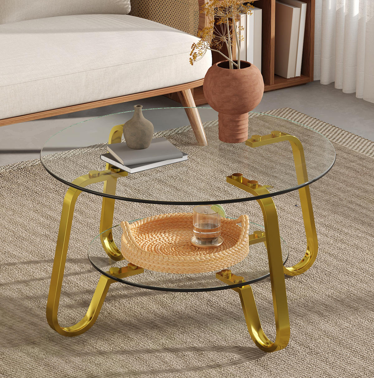 COUCHTISCH 2-stufig Metall Gold mit Glasplatten - Goldfarben, Metall (80/80/45cm) - Meubliv