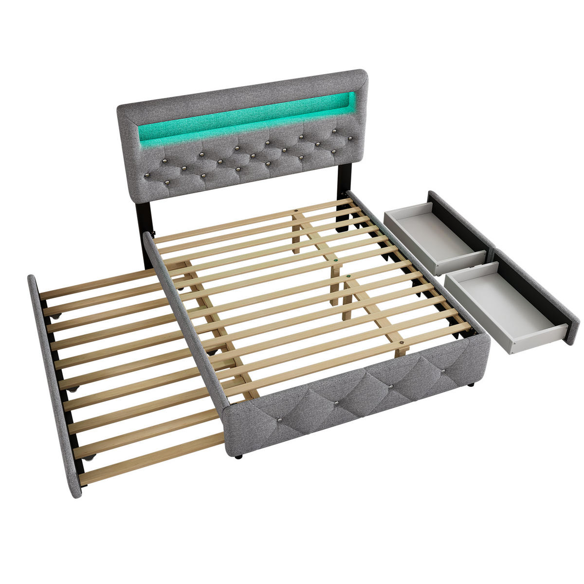 POLSTERBETT 140/200 cm Grau mit Bettauszug und 2 Schubladen - Grau, Textil (140/200cm) - OKWISH