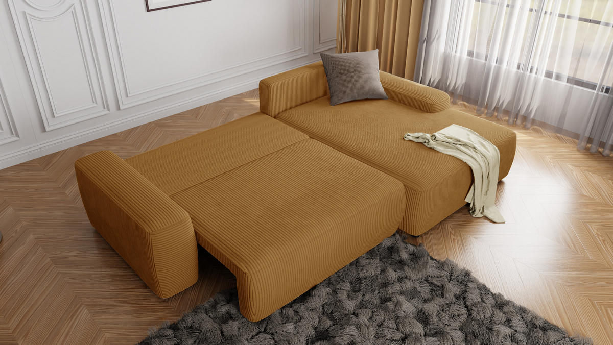 ECKSOFA Nancy Honig Cord - Schwarz/Honig, Holz/Kunststoff (264/162cm) - S-Style Möbel
