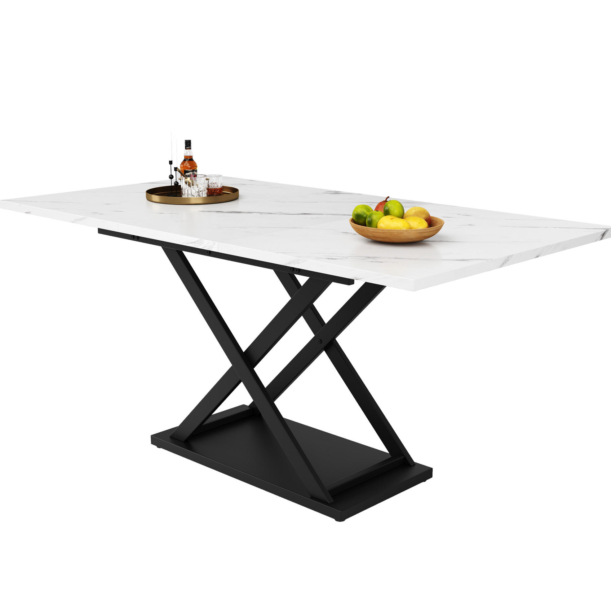 AUSZIEHTISCH 120-160/80/75 cm in Weiß Marmoroptik mit schwarzem Metallgestell - Weiß, Holzwerkstoff (160/80/75cm) - BEAOK