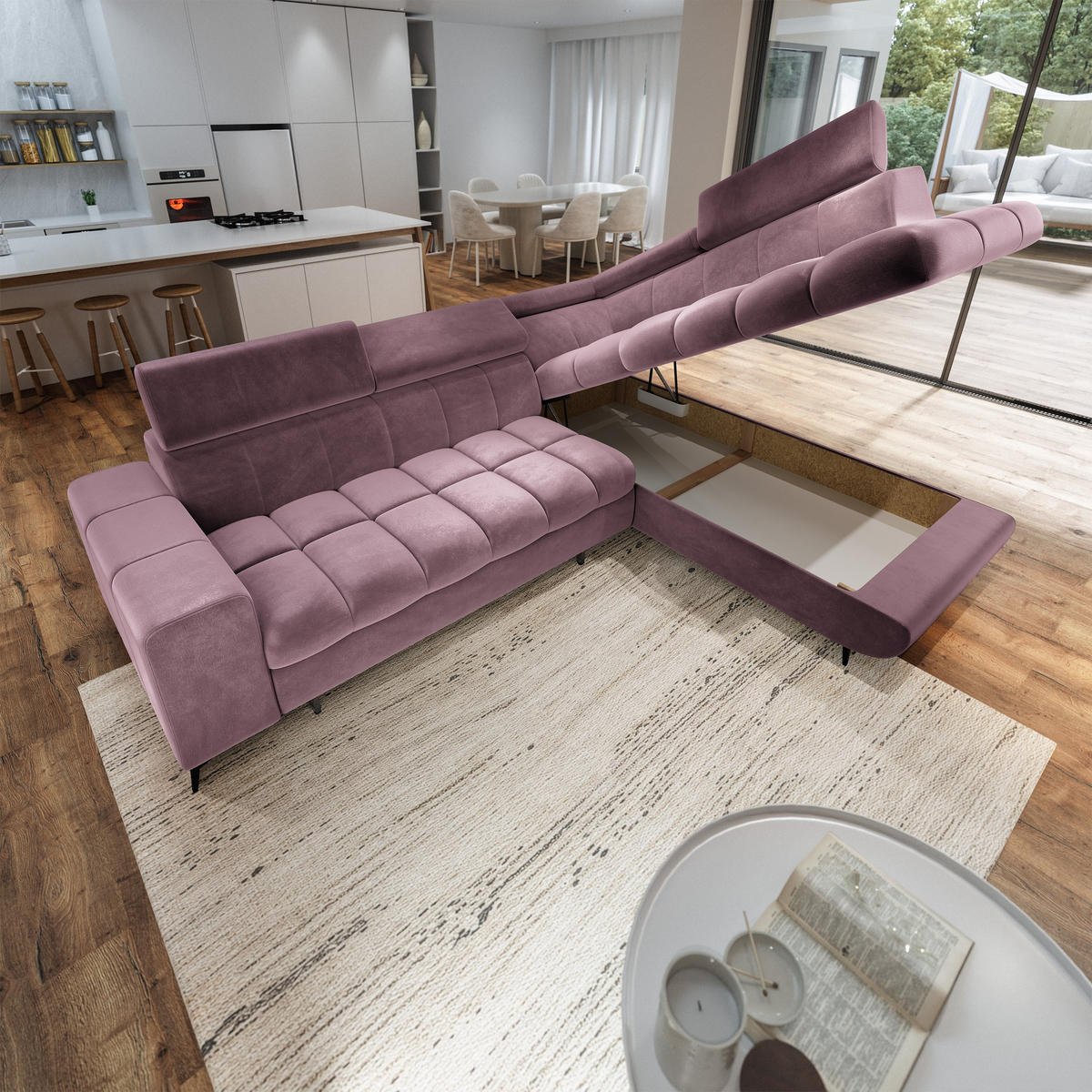 ECKSOFA MORIVA R-S Lila Velours-Stoff mit Schlaffunktion - Lila, Holz (253/190cm) - MASSENO