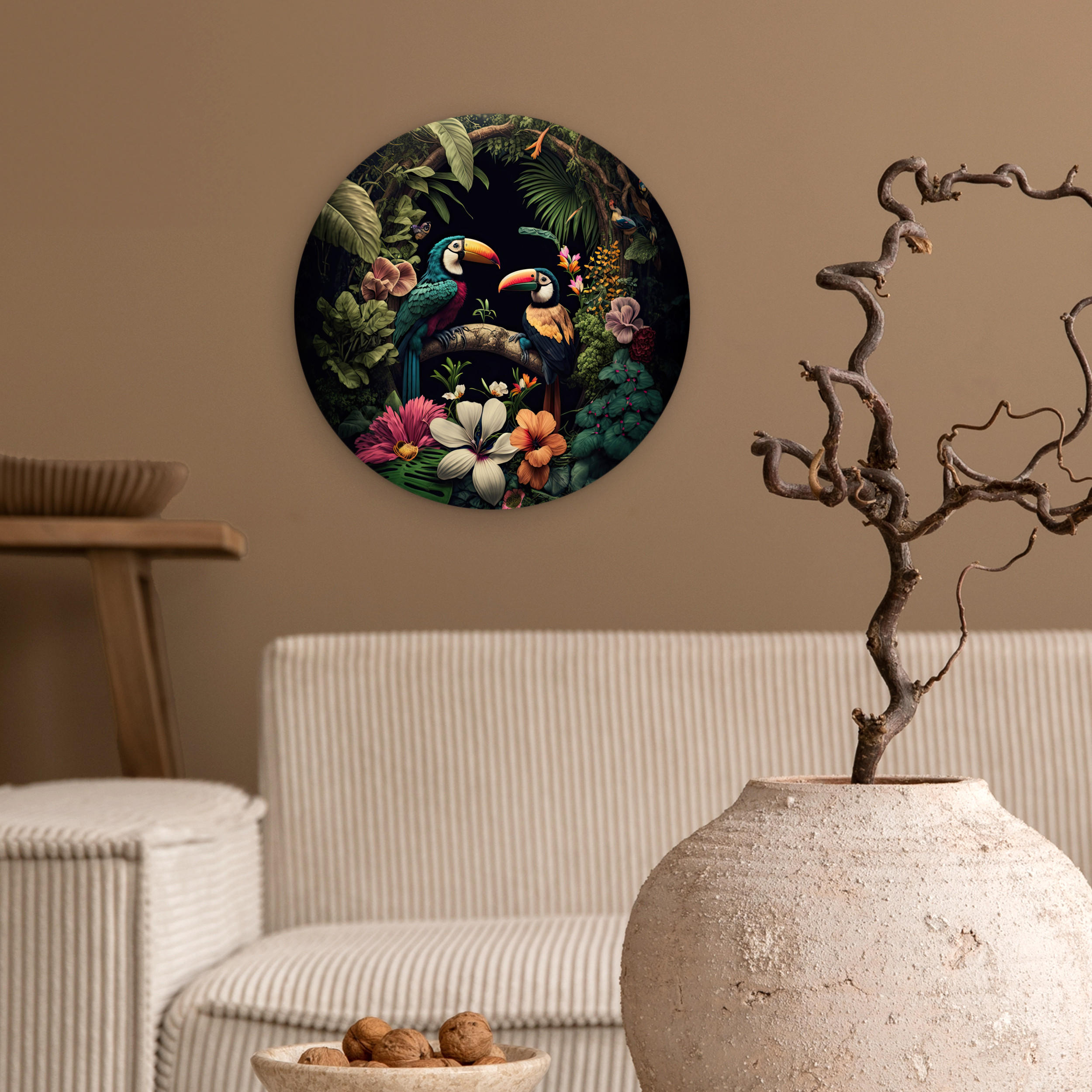 WANDBILD Vogel - Blumen - Pflanzen - Dschungel - Schwarz - Tukan 30x30 cm - Smaragdgrün, Kunststoff (30/30cm) - MuchoWow