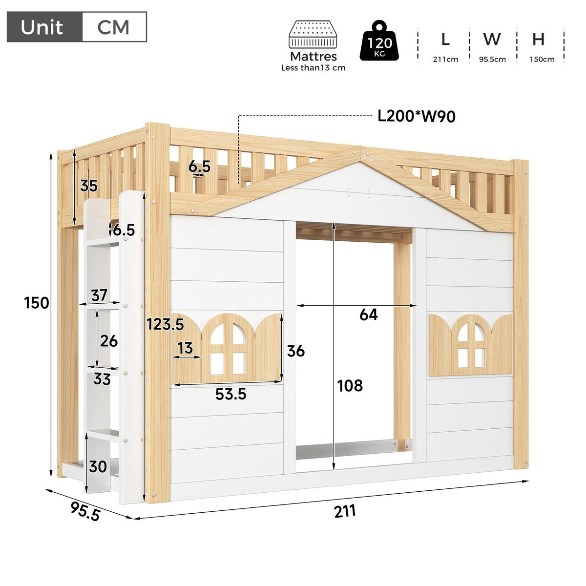 ETAGENBETT Hausbett 90x200cm Holz Kinderbett Weiß Natur - Weiß, Holz - FLIEKS