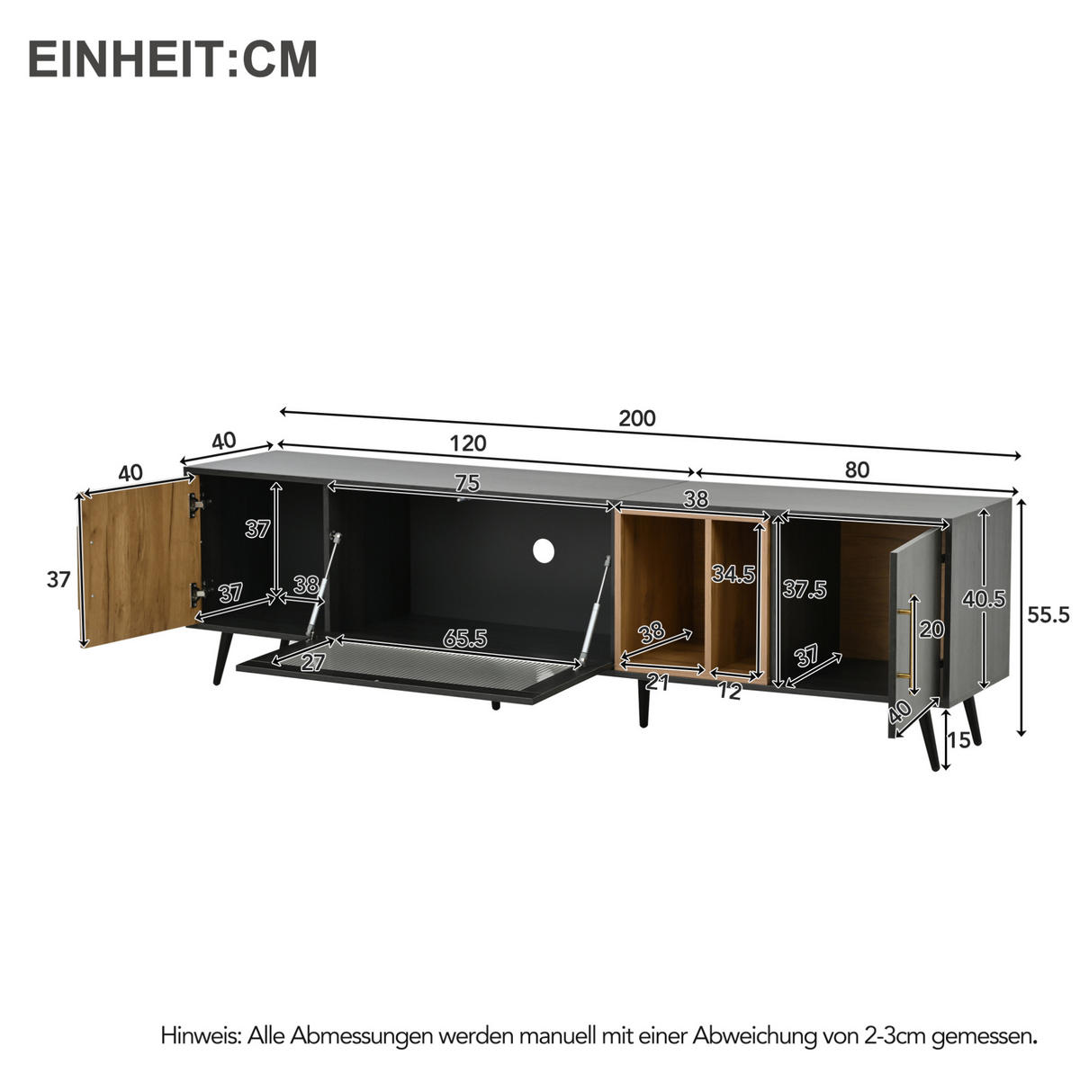 TV-SCHRANK aus MDF 200x40x55,5 cm Grau/Braun mit Kabelmanagement und Changhong-Glastür - Grau, Holzwerkstoff (200/55.5/40cm) - Modfu