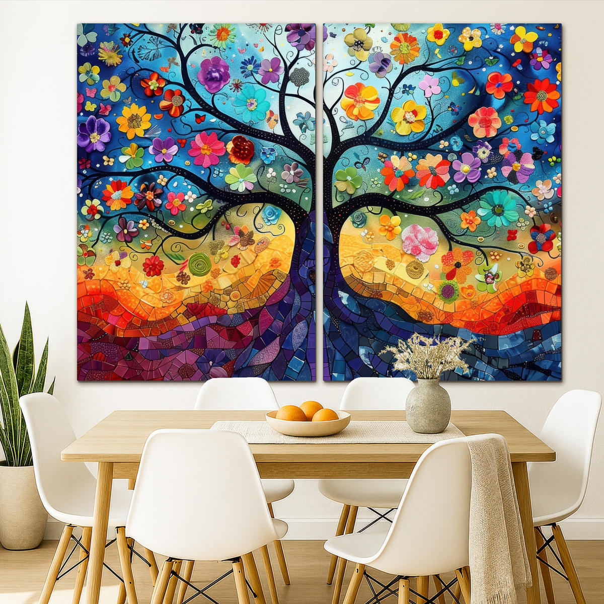 LEINWANDBILD 2er Set Bunt - Baum des Lebens - Blumen - Abstrakt 240x180 cm - Blau, Textil (240/180cm) - MuchoWow