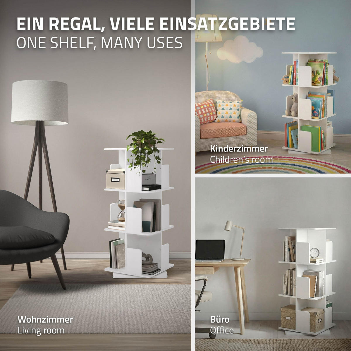 BÜCHERREGAL Kinder mit 3 Ebenen Weiß 40x94x40 cm Drehbar 360 Grad - Weiß, Holzwerkstoff (40/94/40cm) - ML-DESIGN