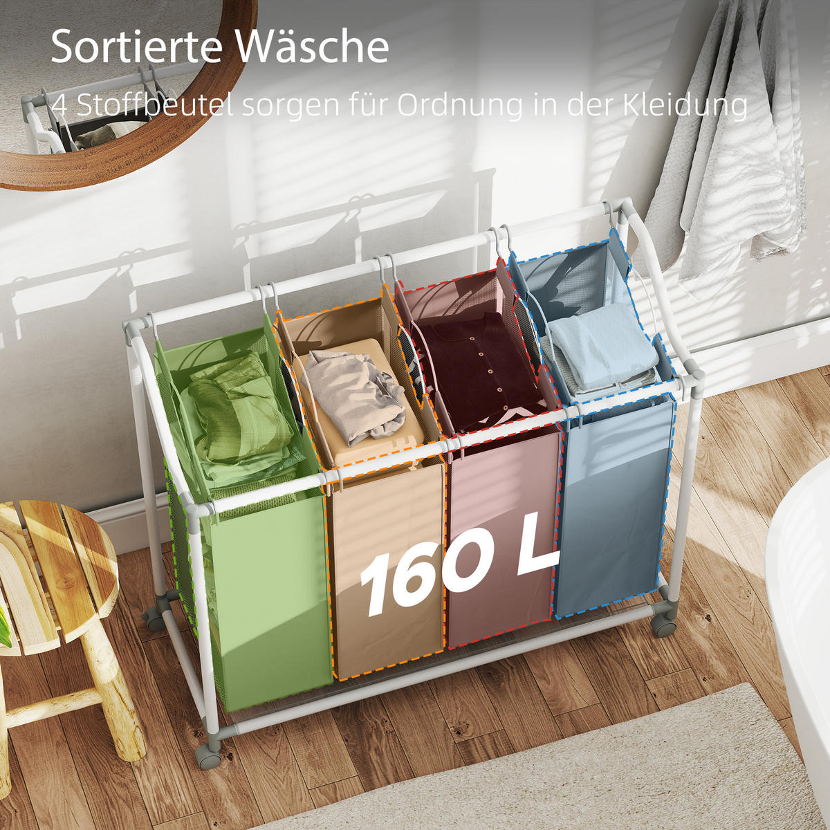 WÄSCHEKORB mit 4 Fächer 160 L Wäschesammler mit Räder herausnehmbarer Wäschesack - Grau, Textil (38/81/97cm) - HOMCOM